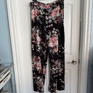 Black Wide-Leg Floral Pants with Pink Blooms